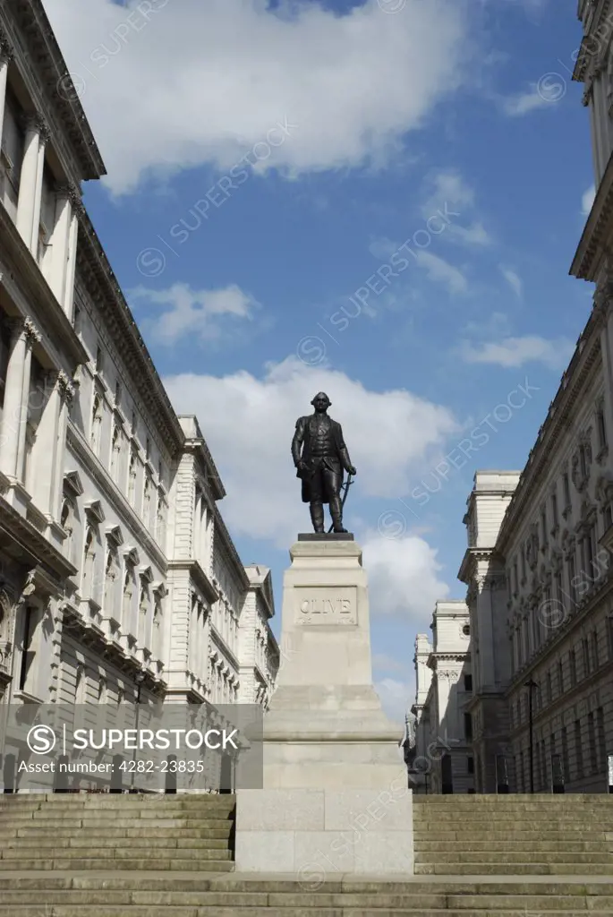 England, London, Westminster. A statue of Clive of India with government buildings on King Charles Street.