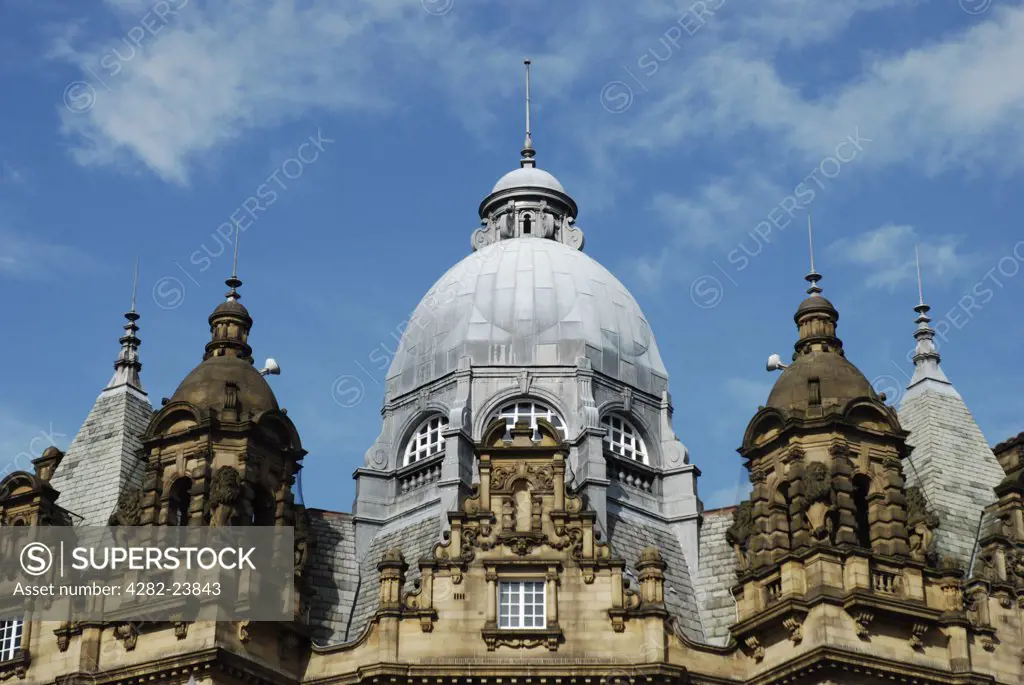England, West Yorkshire, Leeds. The domed building top of Kirkgate Market in Vicar Lane.