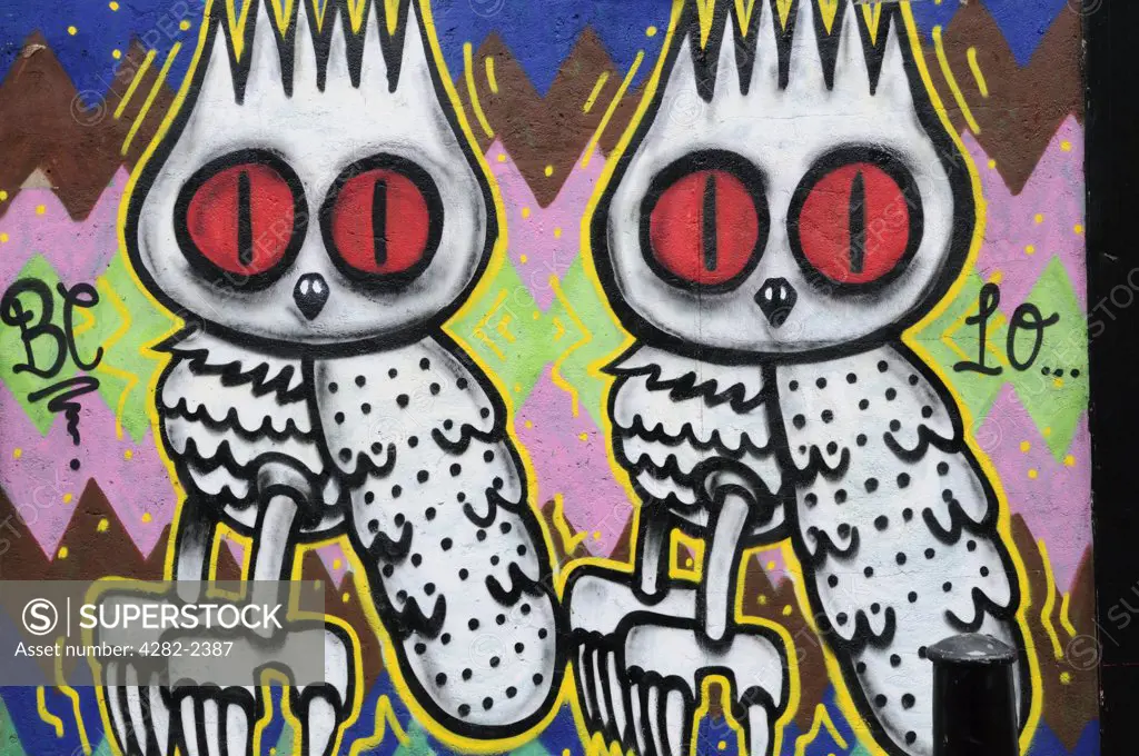 England, London, Near Brick Lane. Graffiti depicting two owls just off Brick Lane in London's east end.