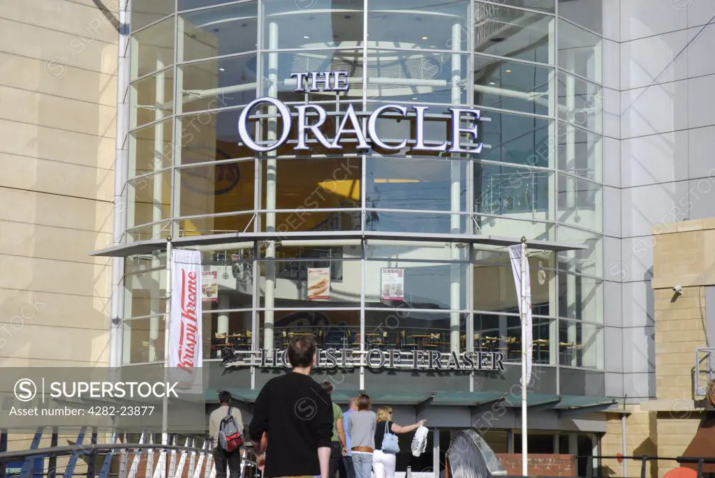 England, Berkshire, Reading. The glass facade and entrance to the   Oracle shopping centre in Reading.