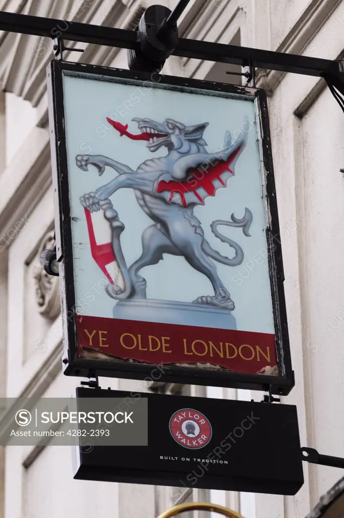 England, London, City of London. Ye Olde London pub sign in Ludgate Hill.