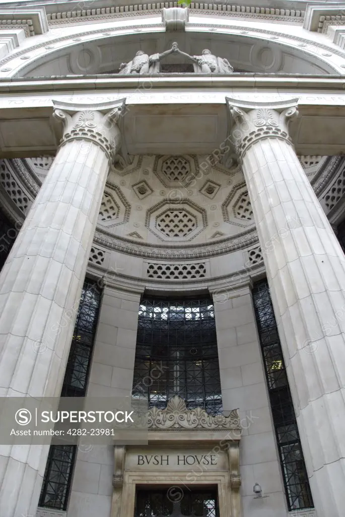 England, London, Aldwych. Large stone pillars at the entrance to BBC Bush House in Aldwych.