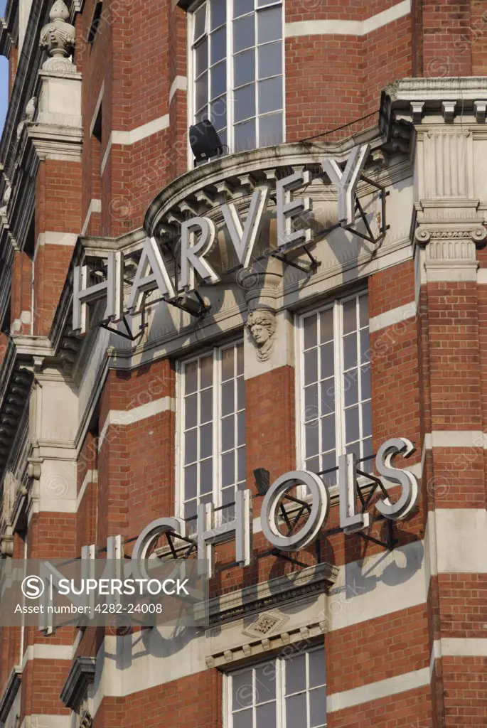 England, London, Knightsbridge. The signage for Harvey Nichols department store in Knightsbridge.