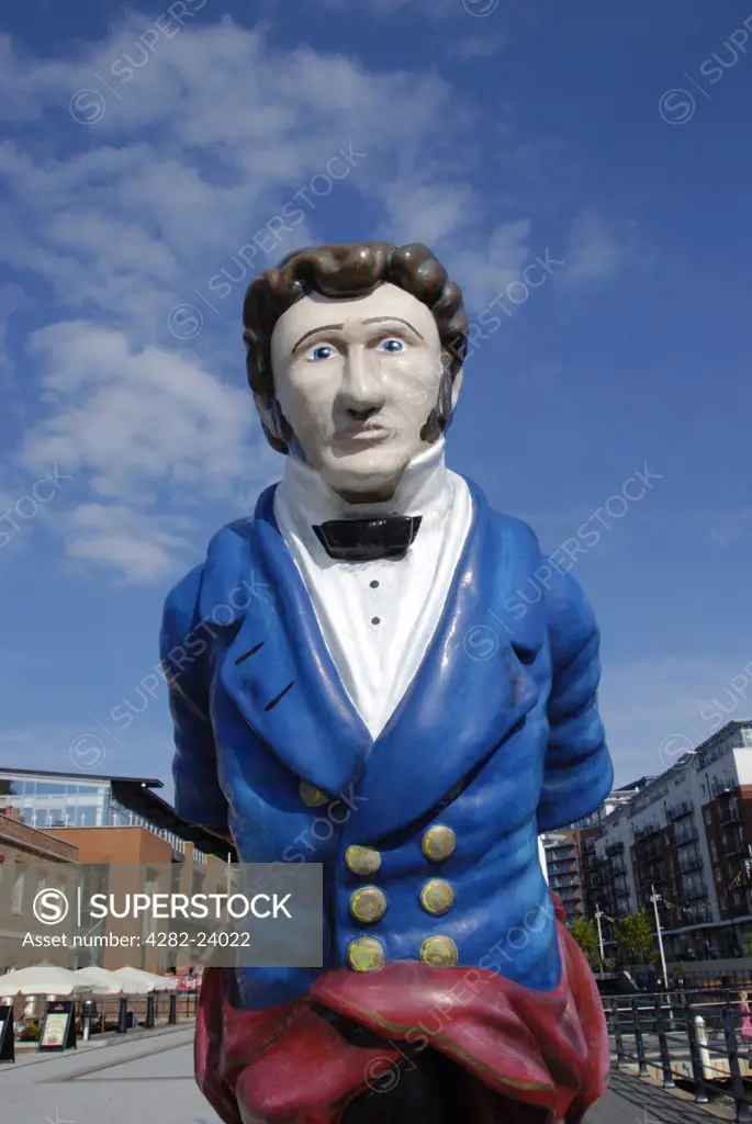 England, Hampshire, Portsmouth. A close up of a former figurehead from H.M.S Vernon at Gunwharf Quays.