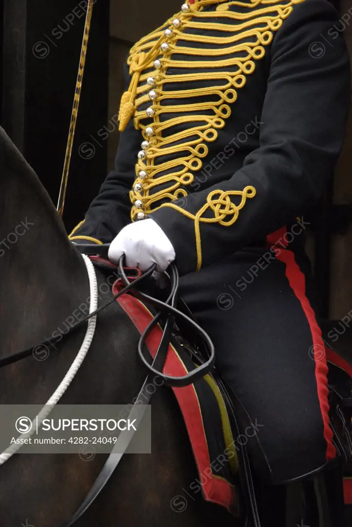 England, London, Whitehall. Detail of a guardsman on a horse at sentry post in Horse Guards Parade.