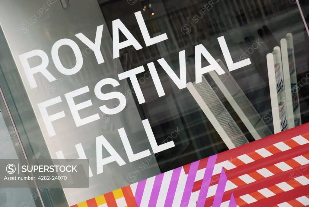 England, London, South Bank. Royal Festival Hall sign at the South Bank Centre.