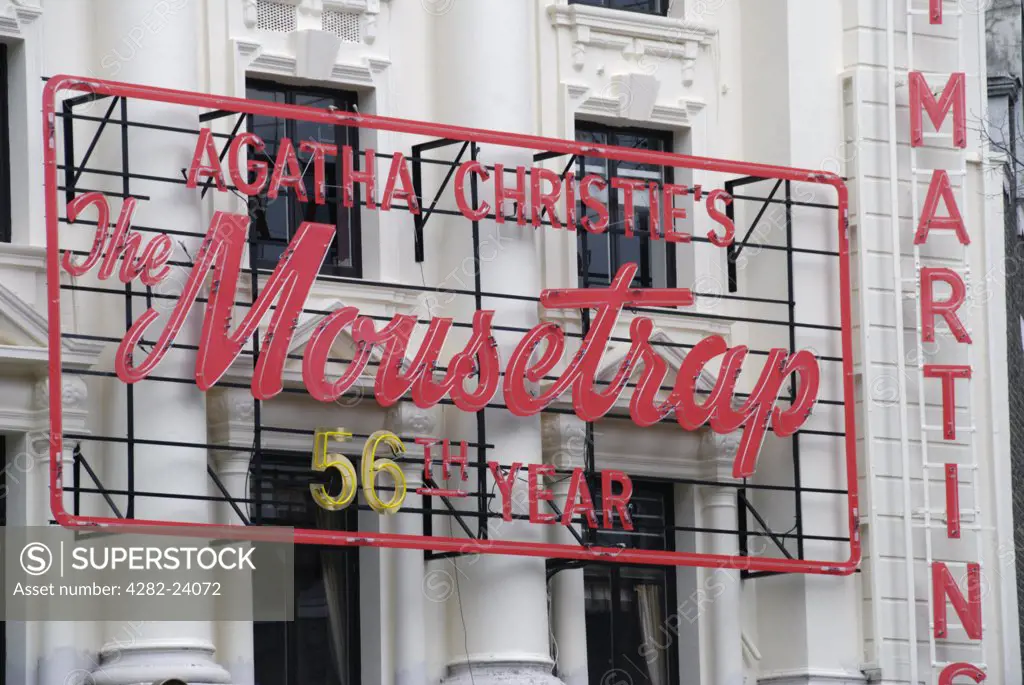 England, London, Covent Garden. Sign advertising Agatha Christie's 'The Mousetrap on the exterior of St Martin's Theatre.