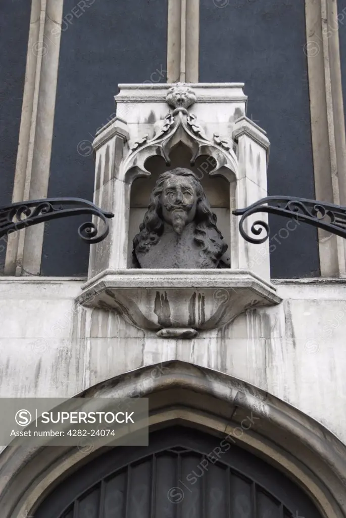 England, London, Westminster . Bust of King Charles I on exterior of Westminster Abbey.