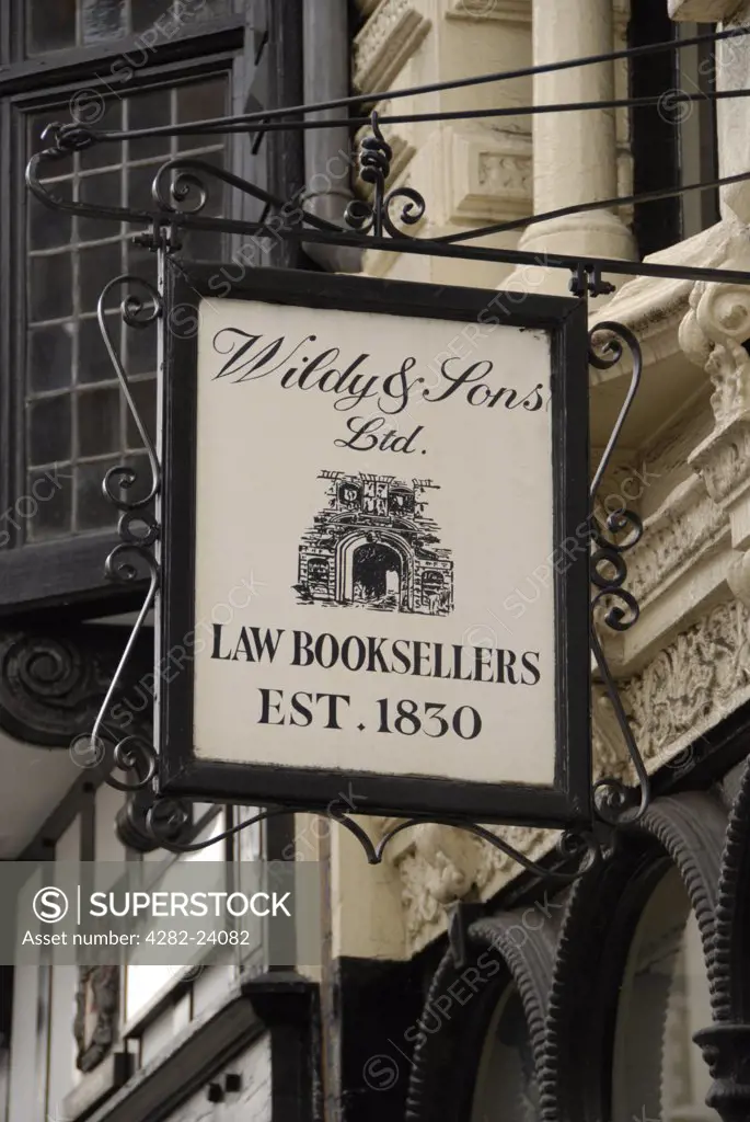 England, London, Fleet Street. Sign for Wildy and Sons law booksellers.