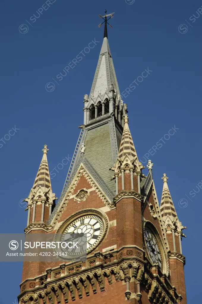 England, London, Kings Cross. The top of the clock tower on the refurbished St Pancras International Railway Station.