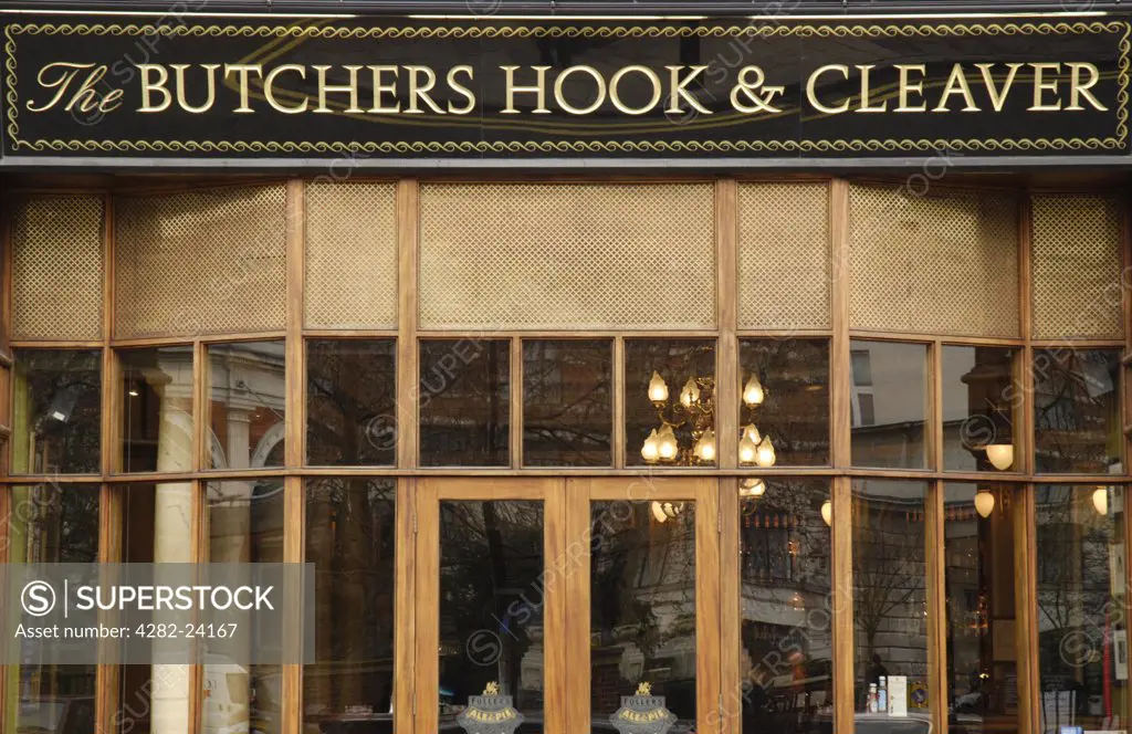 England, London, The City. The facade of the Butchers Hook and Cleaver pub in West Smithfield.