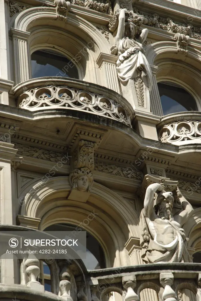 England, London, City of London. A close up of an ornate building facade from the Inns of the Court.