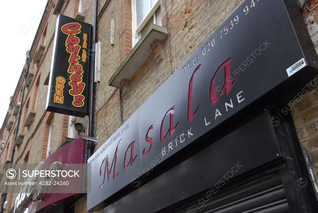 England, London, Brick Lane. The front of the Masala Indian restaurant in Brick Lane.