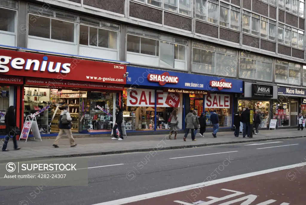 England, London, Tottenham Court Road. Shops selling electronic goods on Tottenham Court Road.
