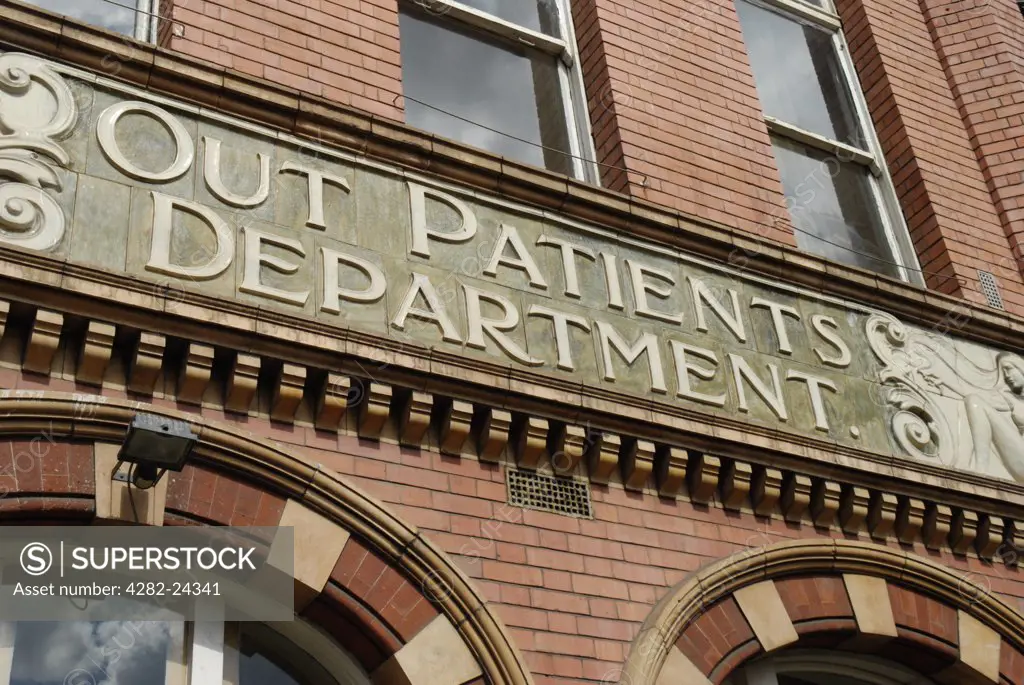 England, London, Lambeth. Out Patients Department hospital sign on exterior of the former Royal Childrens Hospital.