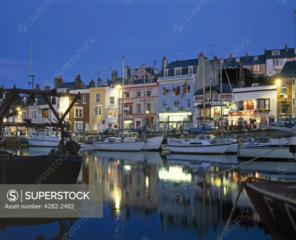 England, Dorset, Weymouth. The Weymouth quayside at night.