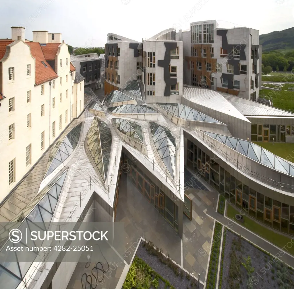 Scotland, Edinburgh, The Scottish Parliament. The Scottish Parliament building in Edinburgh. Constructed from a mixture of steel, oak, and granite, the complex building has been hailed as one of the most innovative designs in Britain today.