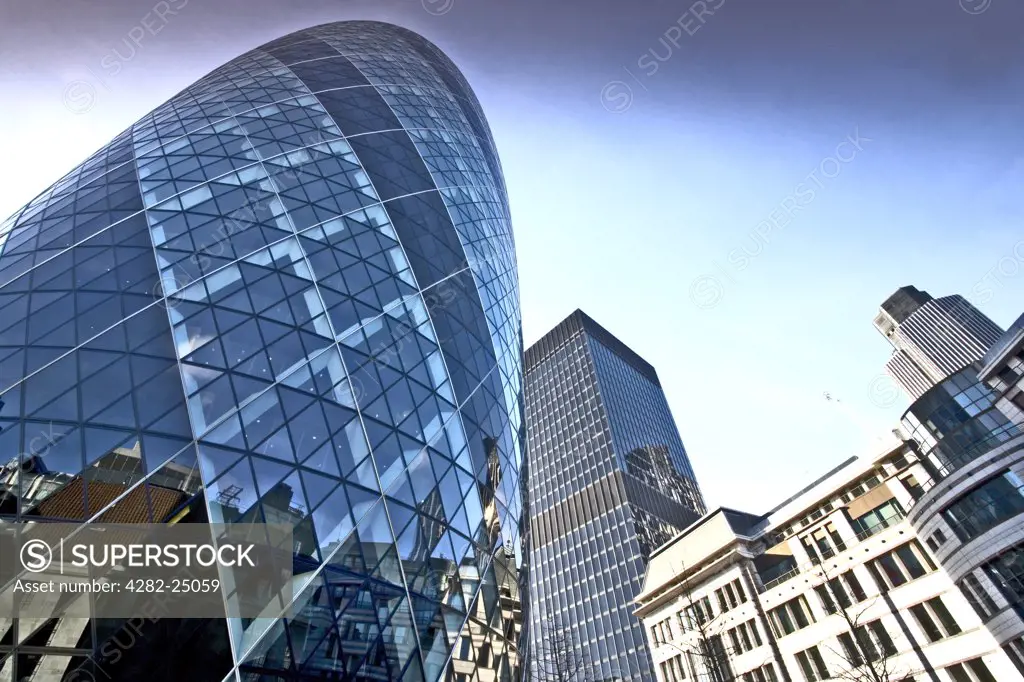 England, London, 30 St Mary Axe. View of 30 St Mary Axe building, infamously known as 'the Gherkin' due to its 3D oval shape.