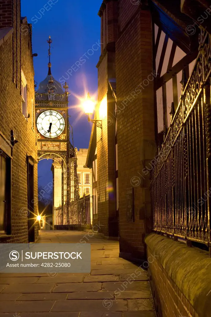 England, Cheshire, Chester. A view of the Eastgate clock in Chester. The clock was built to commemorate Queen Victoria's Diamond Jubilee of 1897, however it was not installed until 1899.