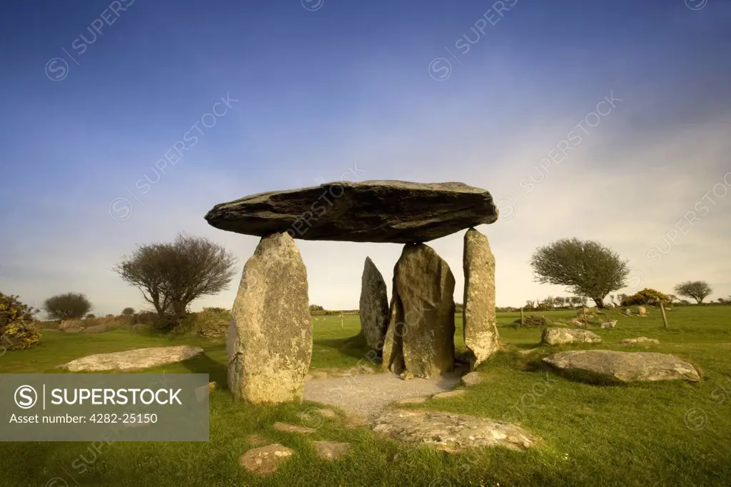 Wales, Pembrokeshire, Pentre Ifan Burial Chamber. Pentre Ifan Burial Chamber dated 3500BC in Pembrokeshire. It is the most popular megalithic site in Wales, consisting of a burial chamber with a huge capstone delicately poised on three uprights.