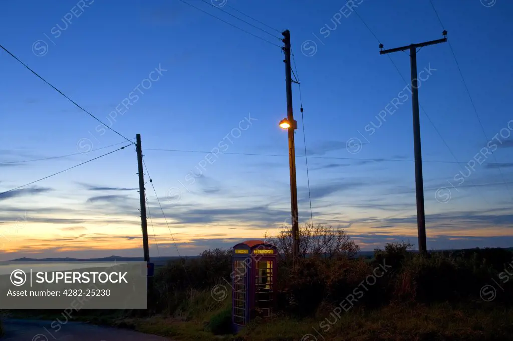Wales, Pembrokeshire, St Brides Bay. A telephone box at St Brides Bay in the Pembrokeshire National Park.