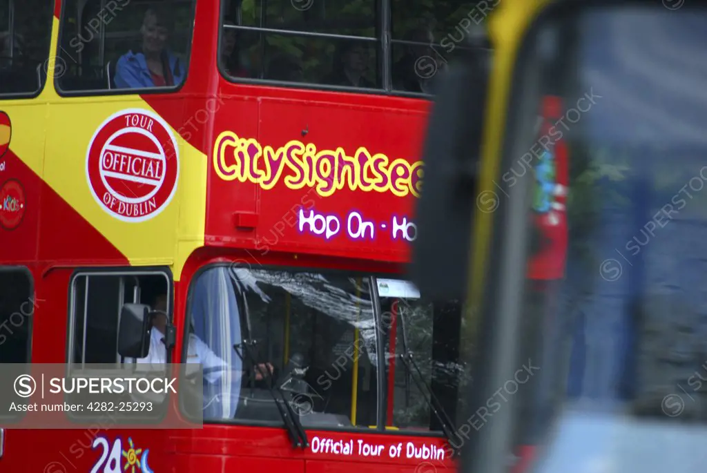 Republic of Ireland, Dublin, Central Dublin. A detailed view of the front of a sightseeing bus in central Dublin.