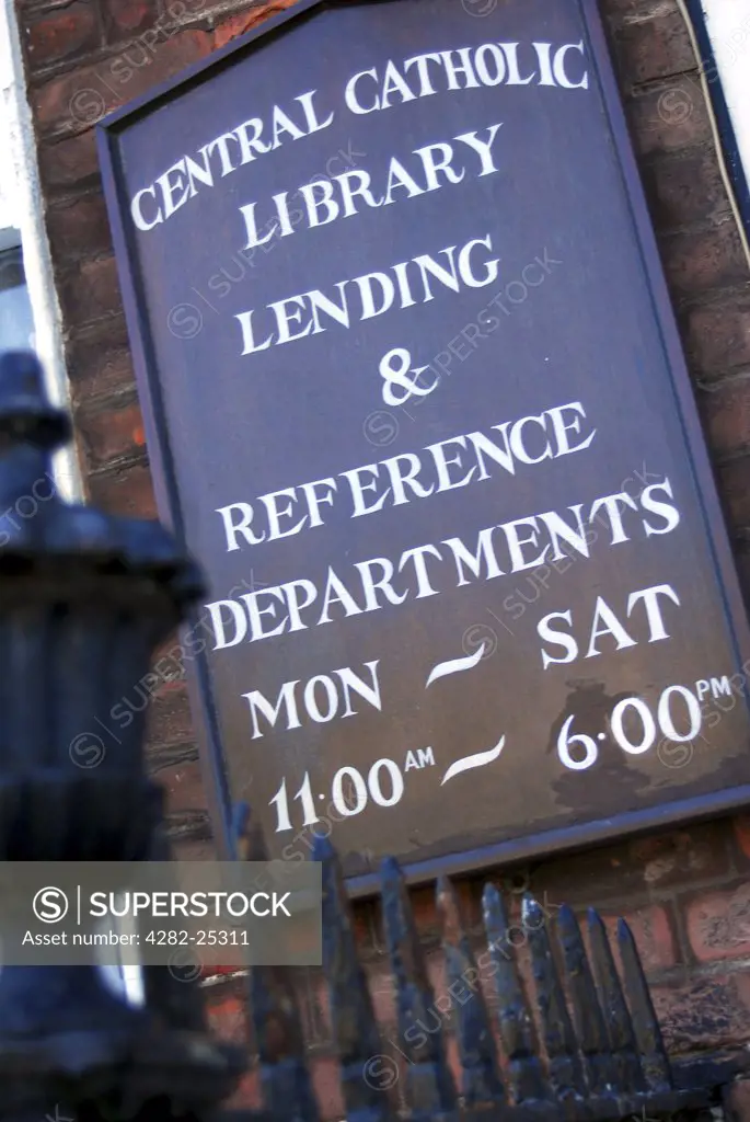 Republic of Ireland, Dublin, Central Dublin. A sign for the Catholic library in central  Dublin.