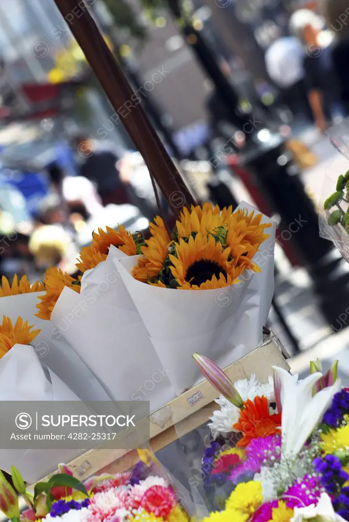 Republic of Ireland, Dublin, Grafton Street. A close up of bunches of flowers at a stall in Dublins Grafton Street.