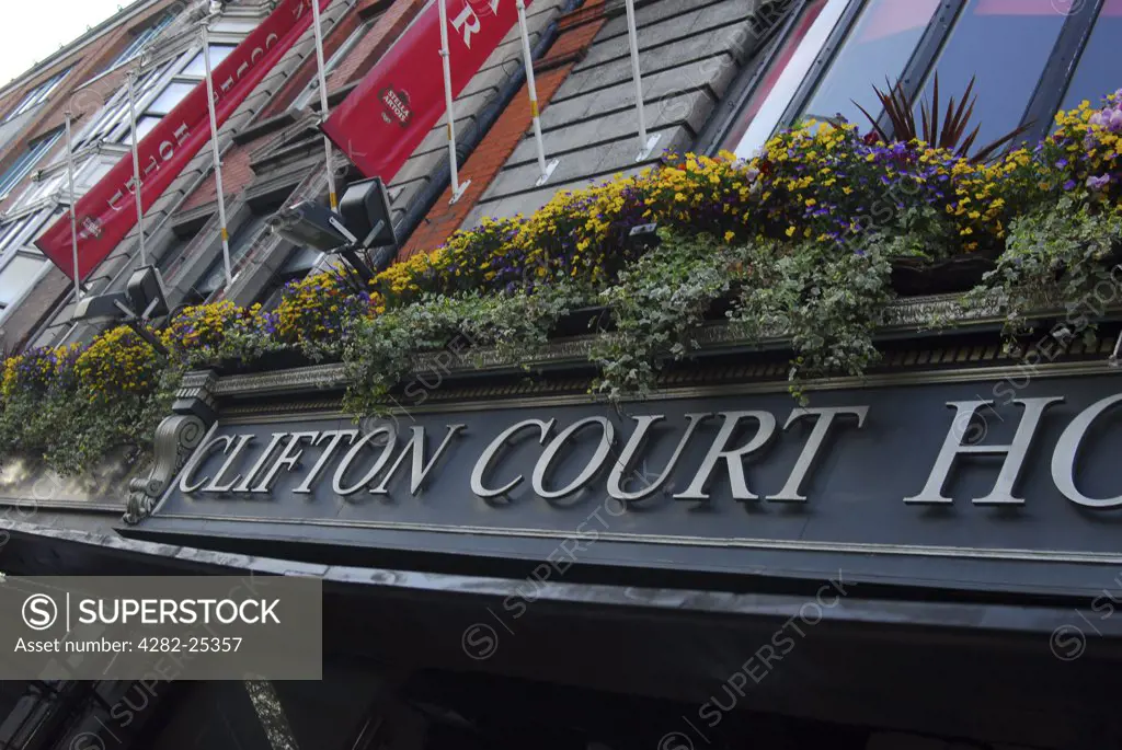 Republic of Ireland, Dublin, Central Dublin. A detailed view of the exterior of Clifton Court Hotel in Dublin.