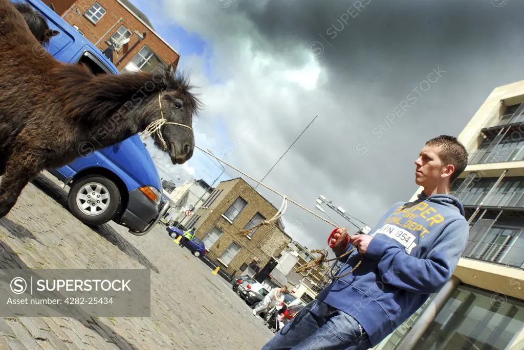 Republic of Ireland, Dublin, Smithfield Horse Market. A seller holds his pony on a rope at Smithfield Horse Market in Dublin.