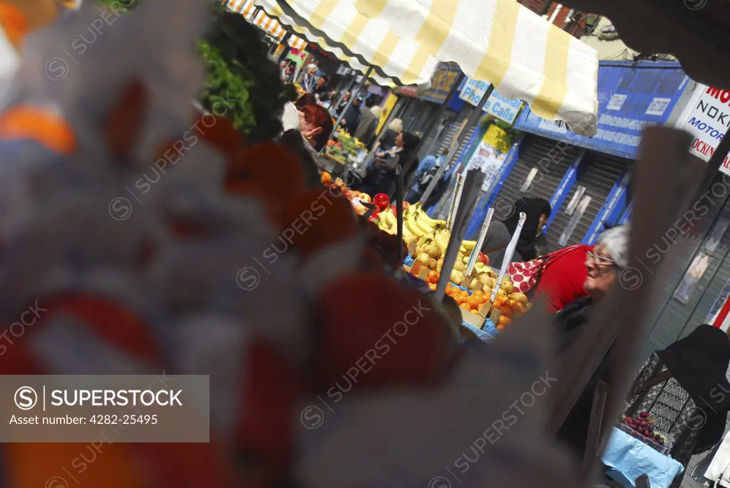 Republic of Ireland, Dublin, Moore Street Market. A close up of a fruit stall at Moore Street Market in Dublin.
