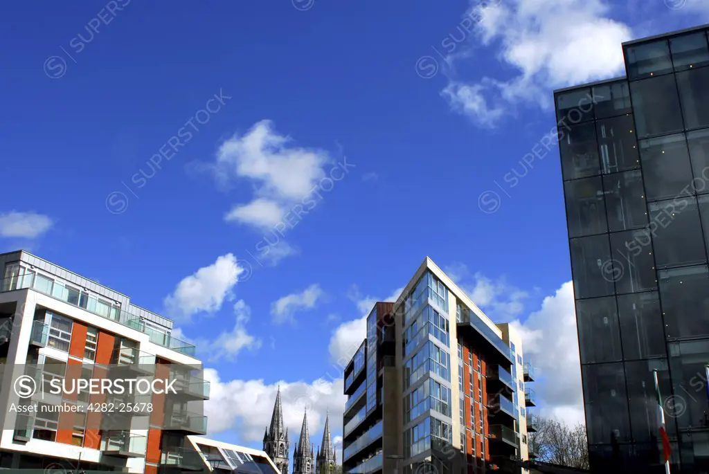 Republic of Ireland, County Cork, Central Cork. Blue skies over modern buildings in central Cork.