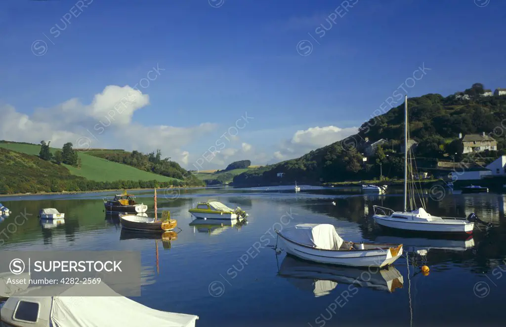 England, Cornwall, West Looe. Boats moored on the River Looe.