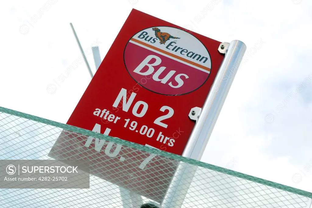 Republic of Ireland, County Cork, Cork. Detailed view of a bus stop sign in Cork.