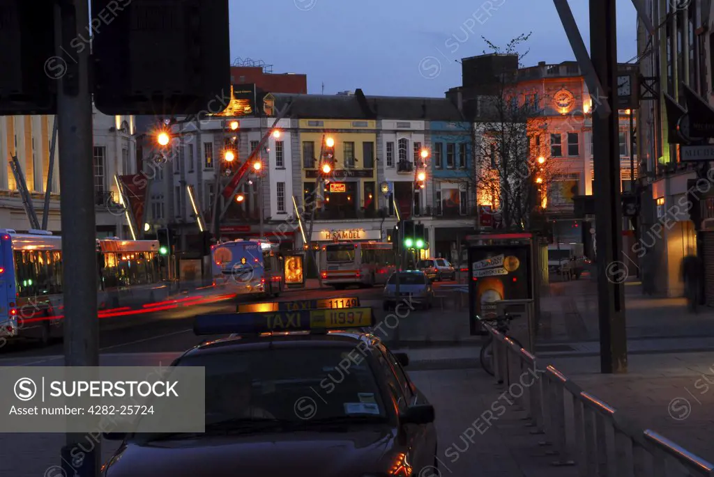 Republic of Ireland, County Cork, Cork. Night time view of an illuminated central Cork.