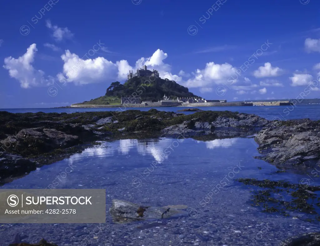 England, Cornwall, Marazion. A view across the water to St. Michael's Mount.