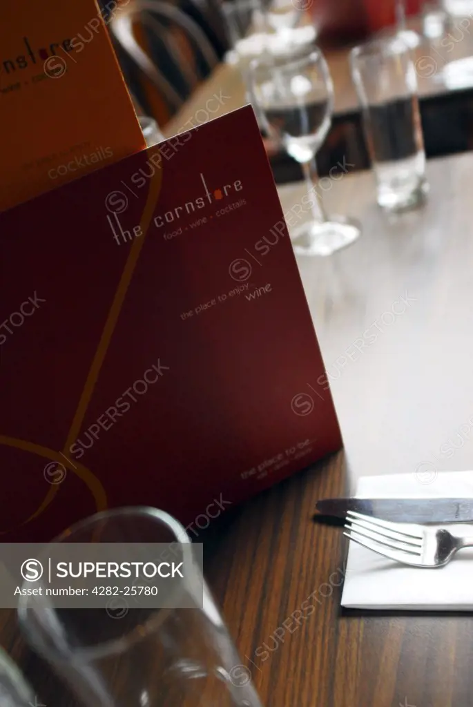 Republic of Ireland, County Cork, Cornstore Restaurant. A laid table at the Cornstore Restaurant in County Cork.