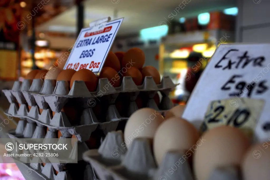 Republic of Ireland, County Cork, English Market. A close up of eggs at the English Market in Cork.