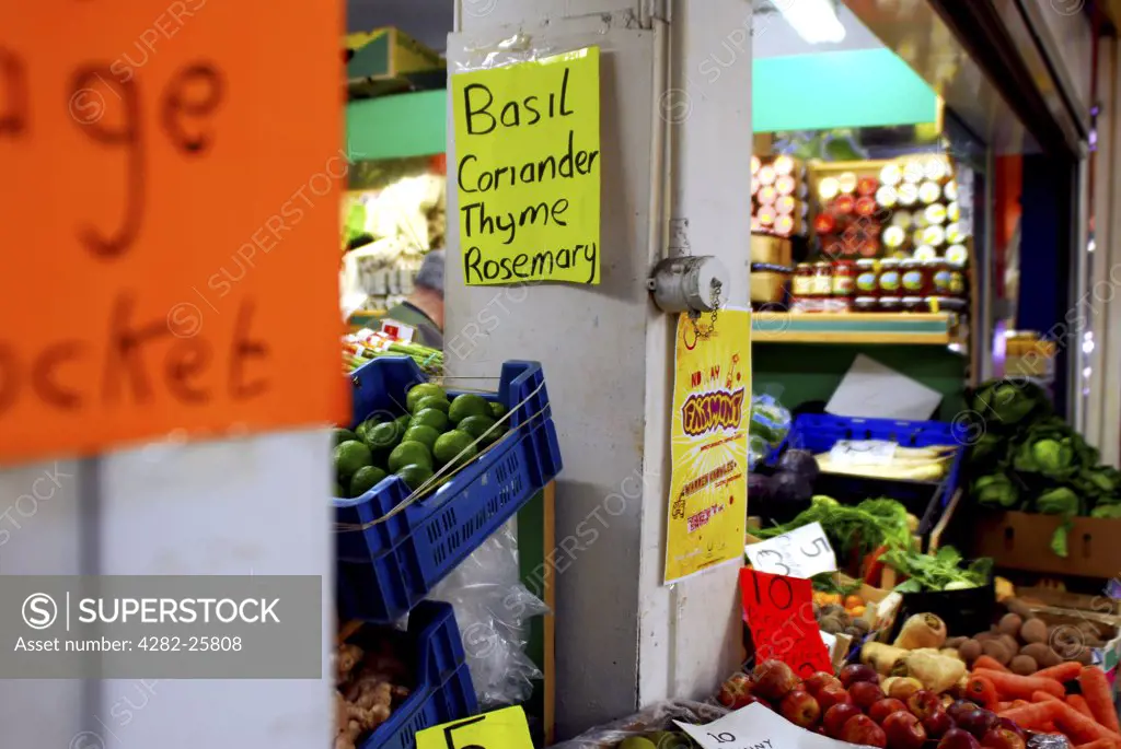 Republic of Ireland, County Cork, English Market. A fruit and veg stall at the English Market in Cork.