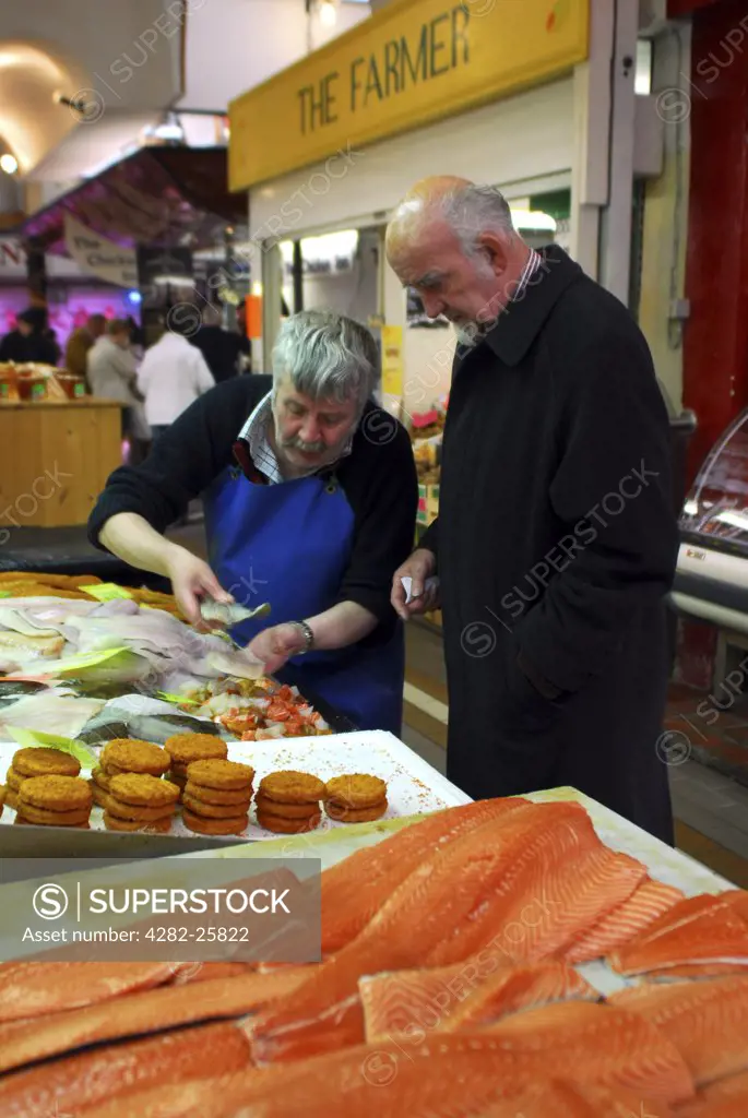 Republic of Ireland, County Cork, English Market. Detailed view of a fish stall at the English Market in Cork.