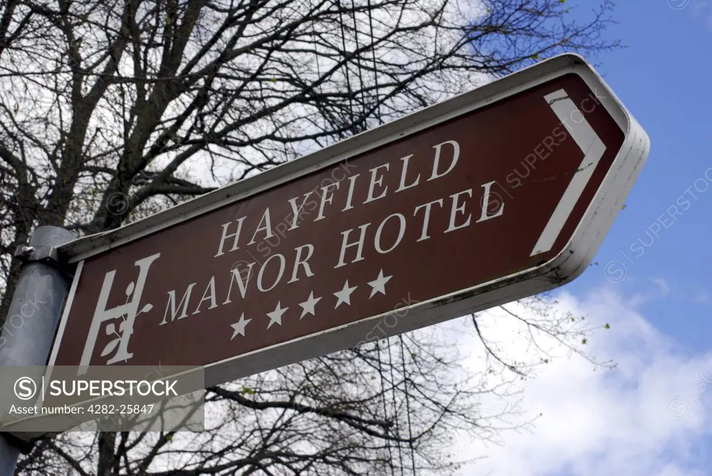 Republic of Ireland, County Cork, Hayfield Manor Hotel. Close up of a sign for the Hayfield Manor Hotel in Cork.