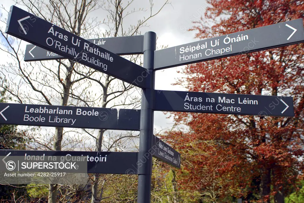 Republic of Ireland, County Cork, University College Cork. A directions signpost at the University College Cork campus.