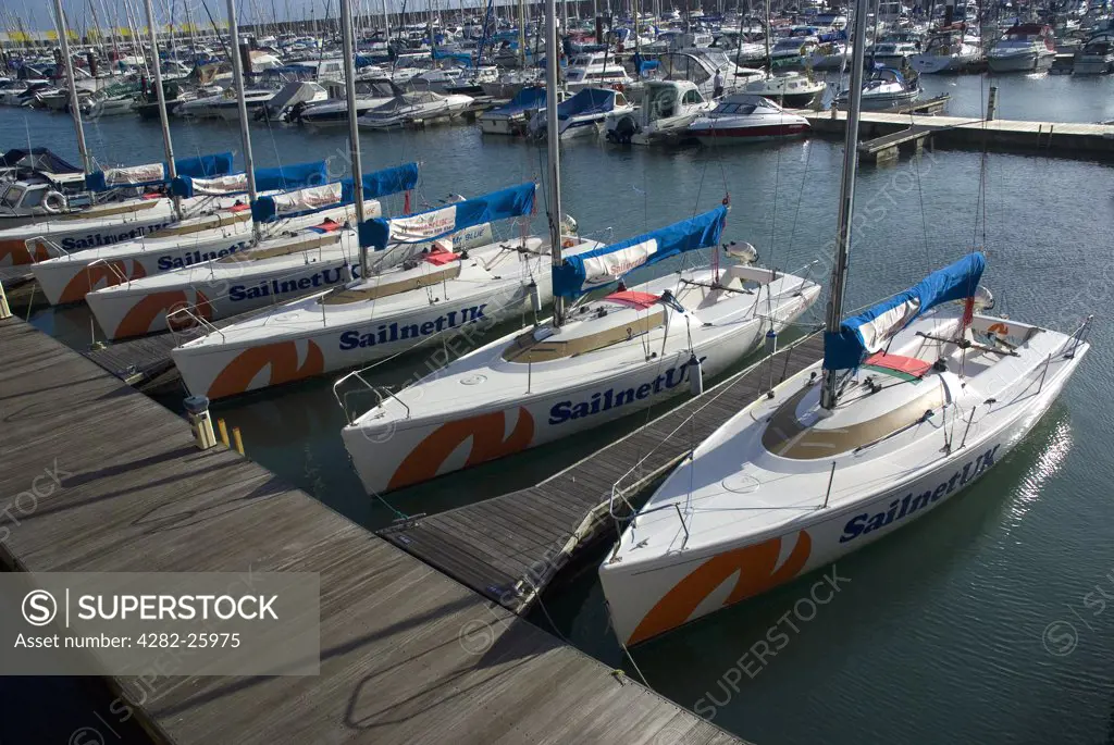 England, City of Brighton and Hove, Brighton. A fleet of SailnetUK experience and training yachts in Brighton Marina.