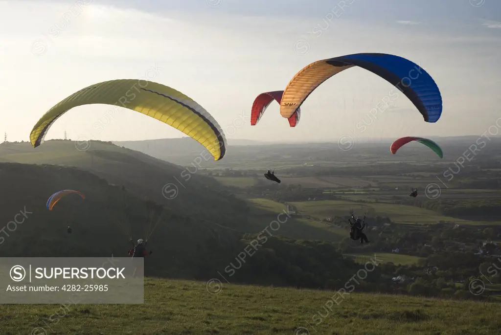 England, West Sussex, Devil's Dyke. Paragliders taking off from Devil's Dyke.