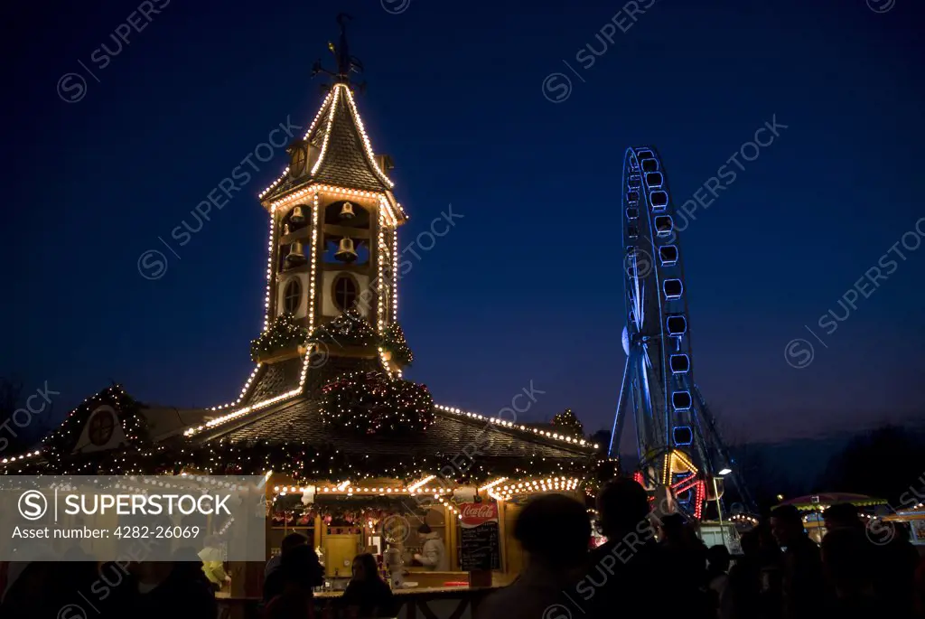 England, London, Hyde Park. Carillon and Big Wheel at the Winter Wonderland in Hyde Park.