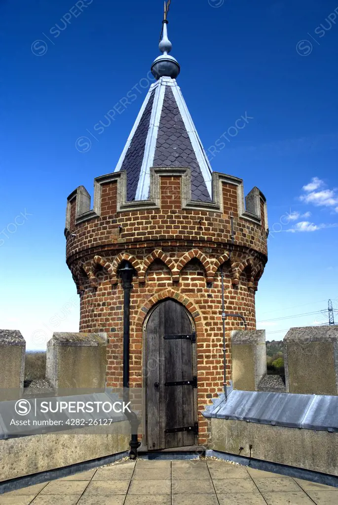 England, Surrey, Cobham. The turret at the top of the Gothic Tower in Painshill Park, often referred to by Hon. Charles Hamilton (MP), the designer and creator of the park in the 18th century, as his castle.