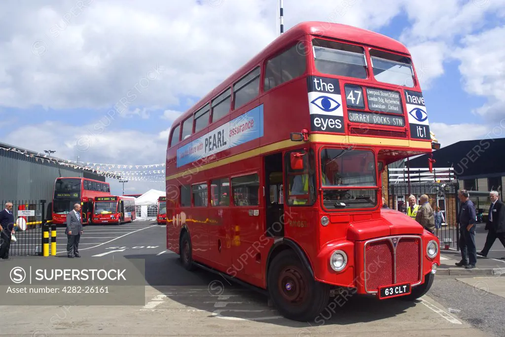 England, Surrey, Epsom. A red routemaster bus leaving Epsom coaches depot during their 90th anniversary open day.