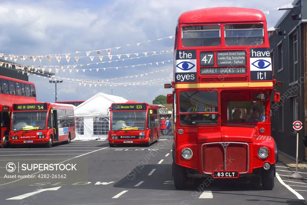 England, Surrey, Epsom. A red routemaster bus in Epsom Coaches depot as part of their 90th anniversary open day.