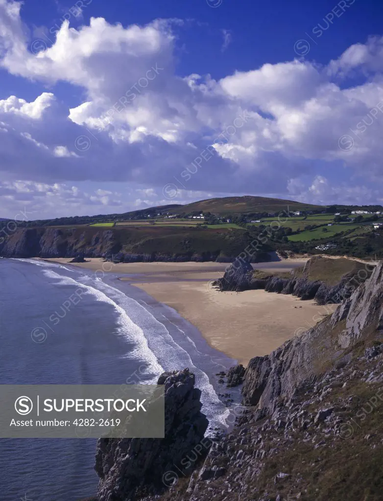 Wales, West Glamorgan, Swansea. Three Cliffs Bay and Pobbles Bay on the Gower peninsula.