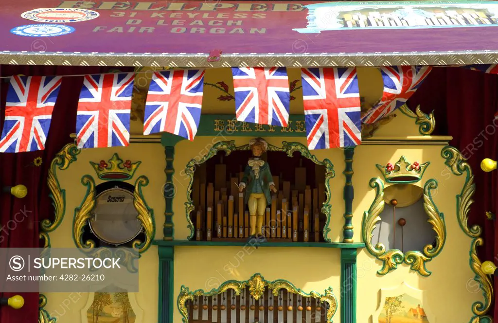 England, East Sussex, Ringmer. Close up of a 31 keyless D Leach 'BellPee' fair organ playing at the Ringmer Steam & Country Show.